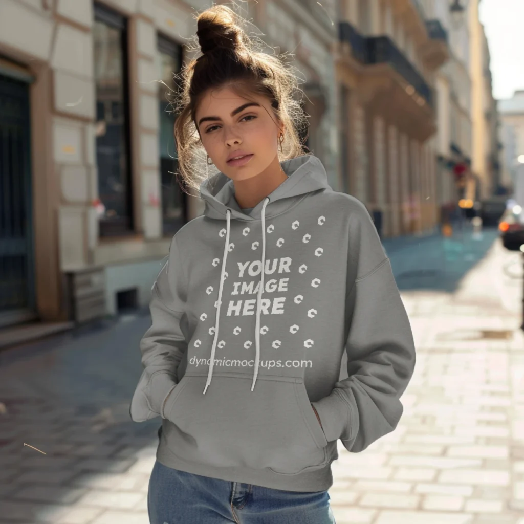 Woman Wearing Gray Hoodie Mockup Front View Template