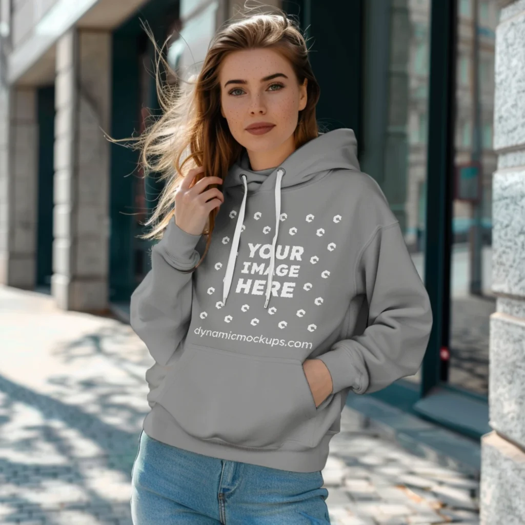 Woman Wearing Gray Hoodie Mockup Front View Template