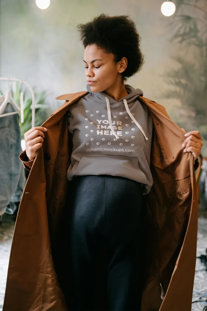 Woman Wearing Gray Hoodie Mockup Front View Template