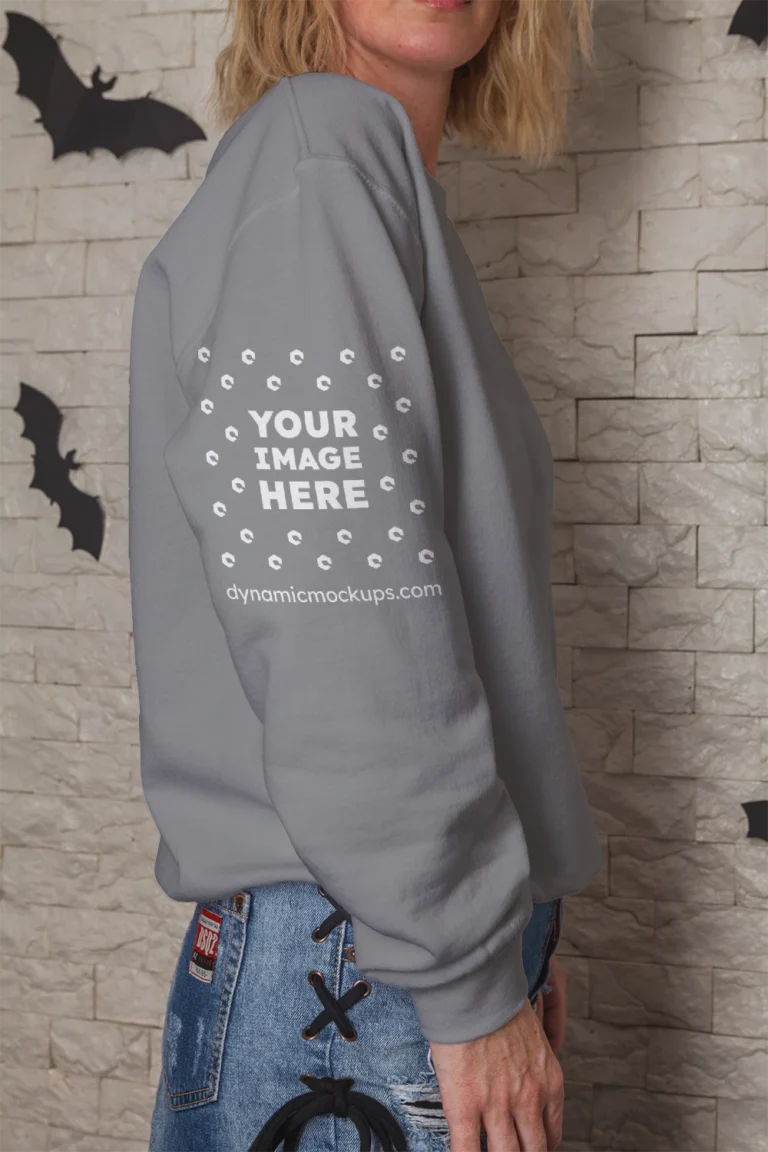 Woman Wearing Gray Hoodie Mockup Side View Template