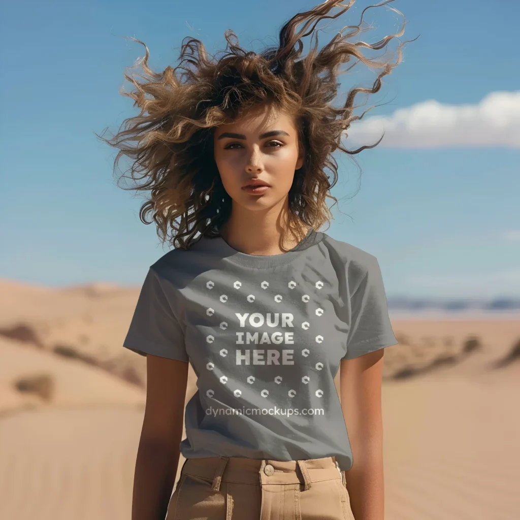 Woman Wearing Gray T-shirt Mockup Front View Template