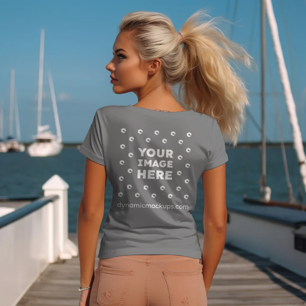 Woman Wearing Gray T-shirt Mockup Back View Template