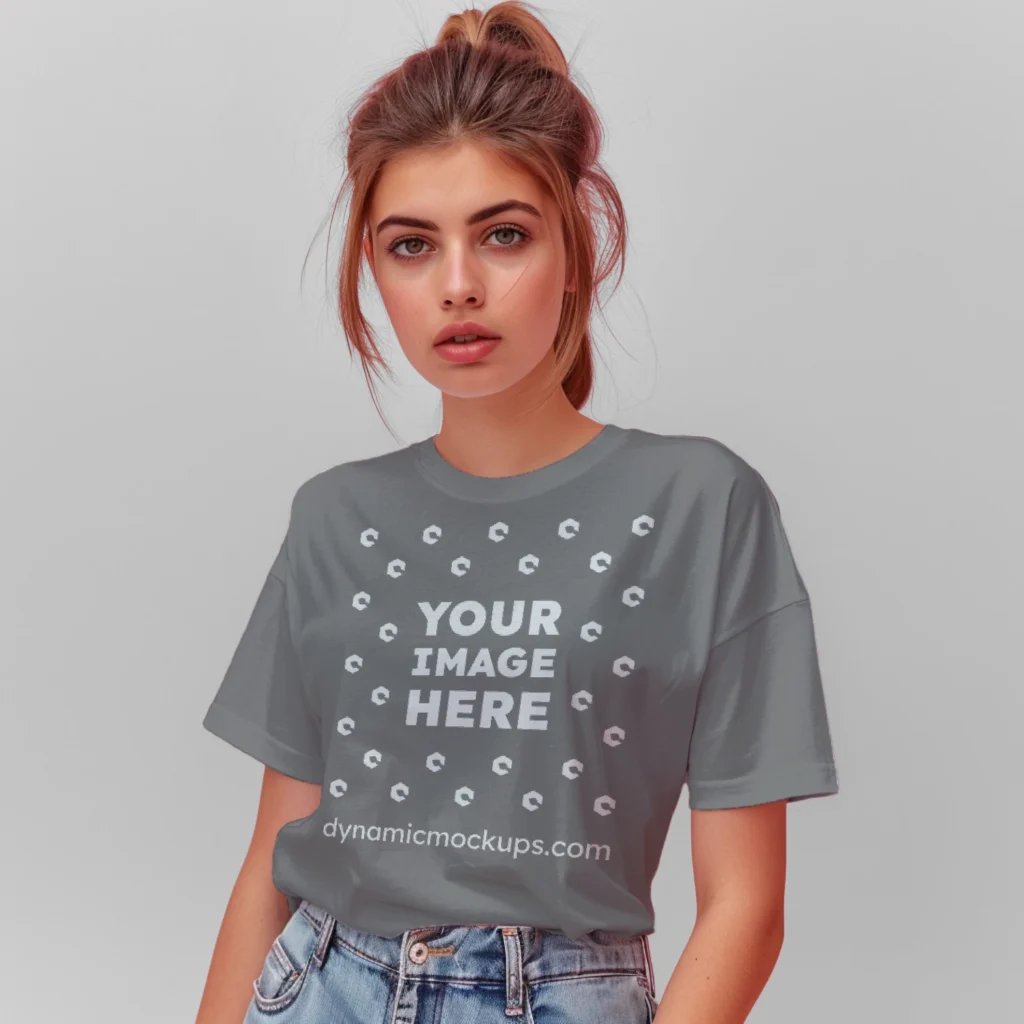 Woman Wearing Gray T-shirt Mockup Front View Template