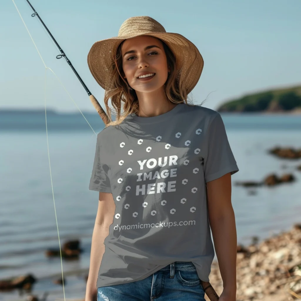 Woman Wearing Gray T-shirt Mockup Front View Template