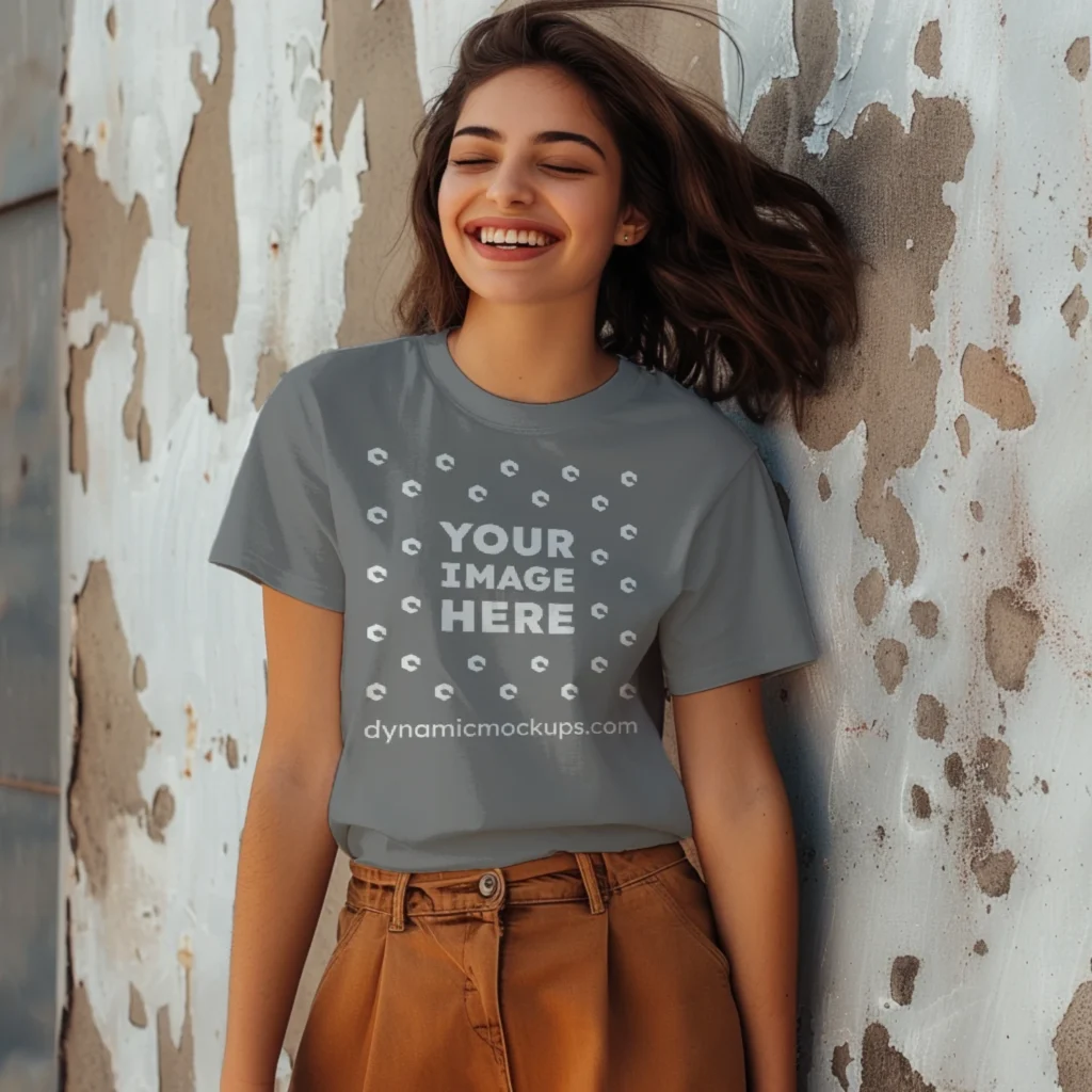 Woman Wearing Gray T-shirt Mockup Front View Template