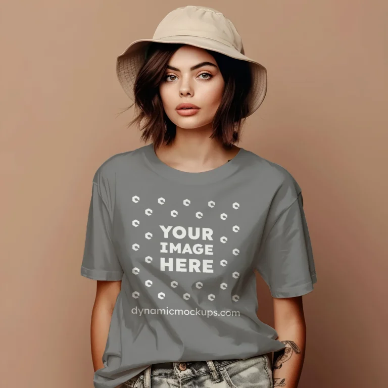 Woman Wearing Gray T-shirt Mockup Front View Template