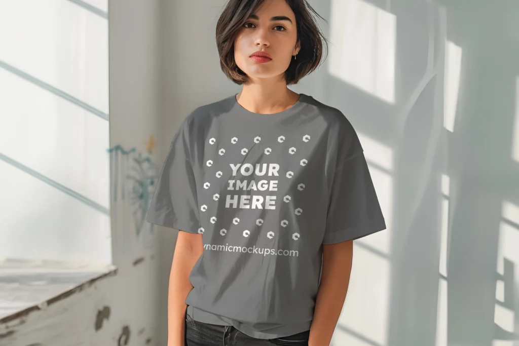 Woman Wearing Gray T-shirt Mockup Front View Template