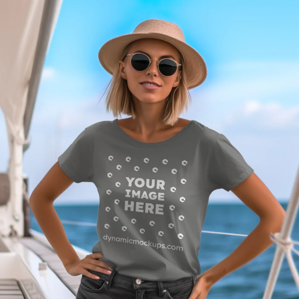 Woman Wearing Gray T-shirt Mockup Front View Template