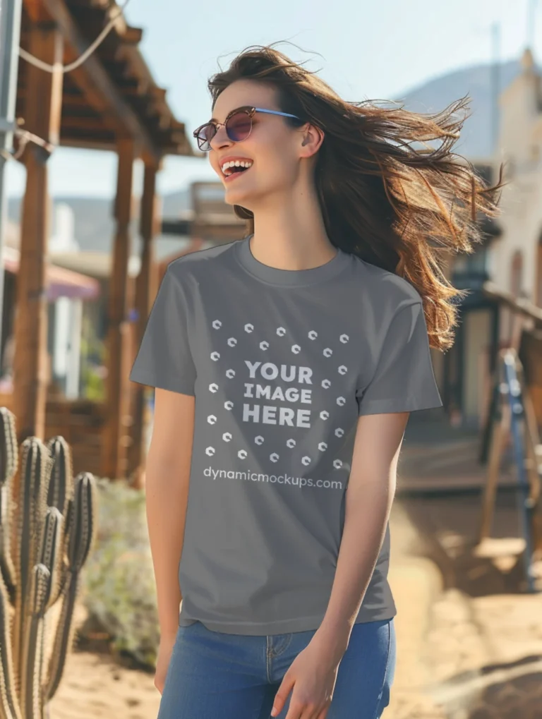 Woman Wearing Gray T-shirt Mockup Front View Template