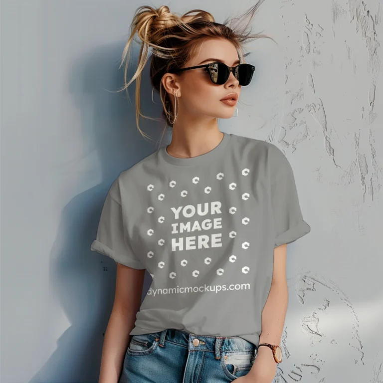 Woman Wearing Gray T-shirt Mockup Front View Template