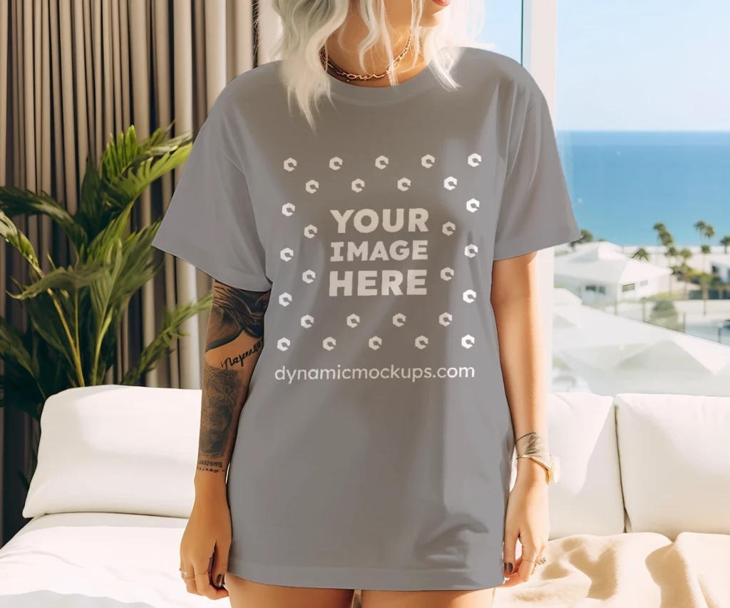 Woman Wearing Gray T-shirt Mockup Front View Template