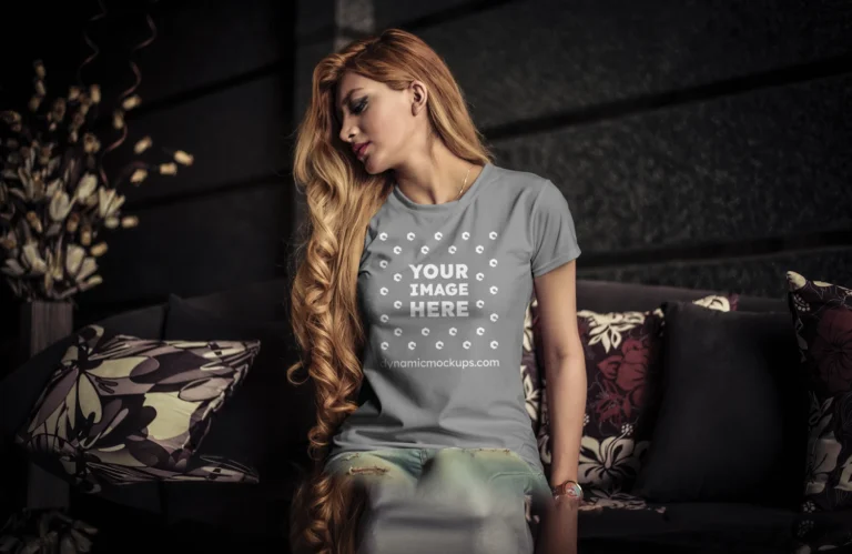 Woman Wearing Gray T-shirt Mockup Front View Template