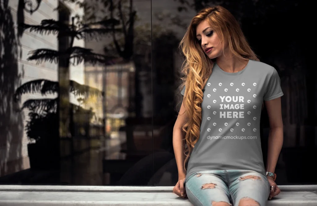 Woman Wearing Gray T-shirt Mockup Front View Template