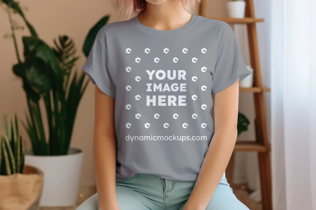 Woman Wearing Gray T-shirt Mockup Front View Template