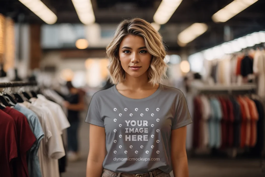 Woman Wearing Gray T-shirt Mockup Front View Template