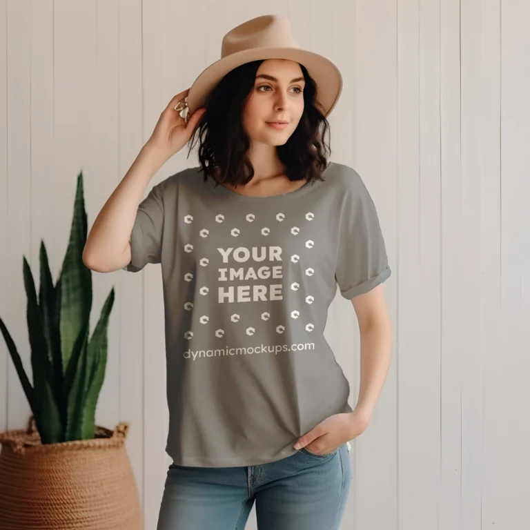 Woman Wearing Gray T-shirt Mockup Front View Template