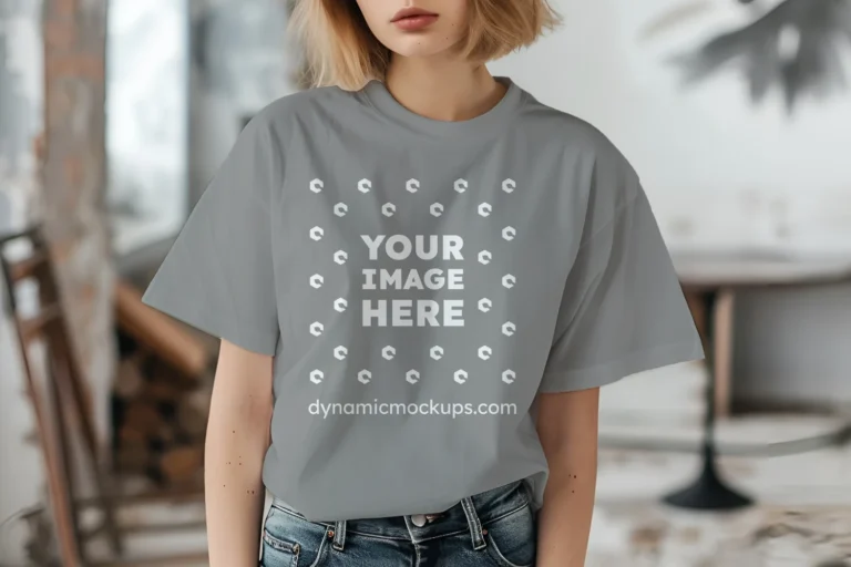 Woman Wearing Gray T-shirt Mockup Front View Template