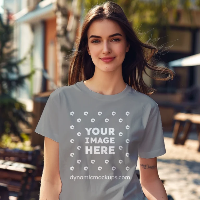 Woman Wearing Gray T-shirt Mockup Front View Template