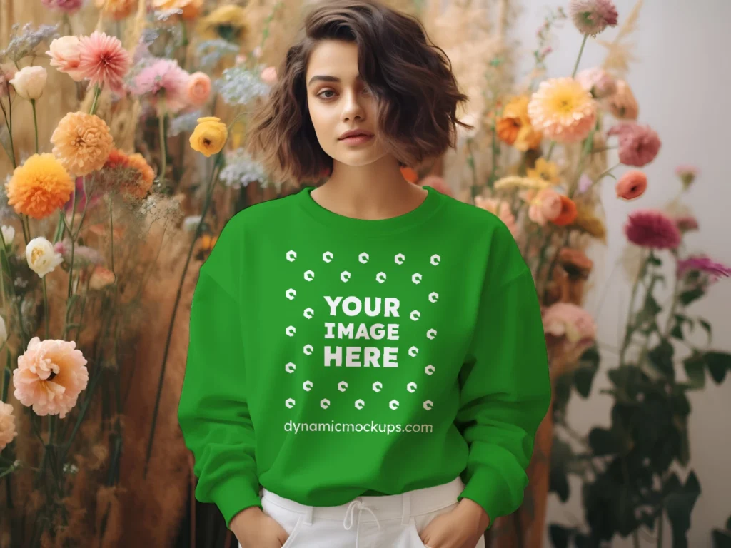 Woman Wearing Green Sweatshirt Mockup Front View Template