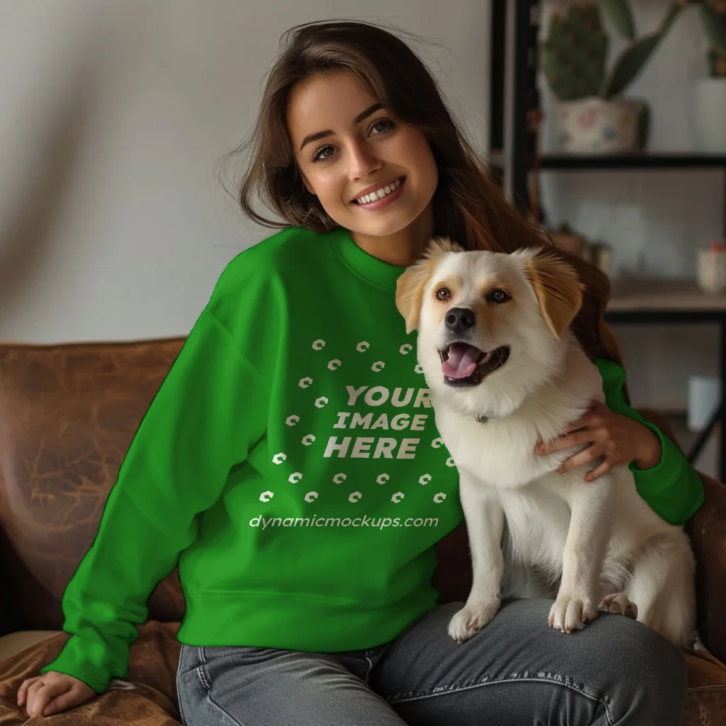 Woman Wearing Green Sweatshirt Mockup Front View Template