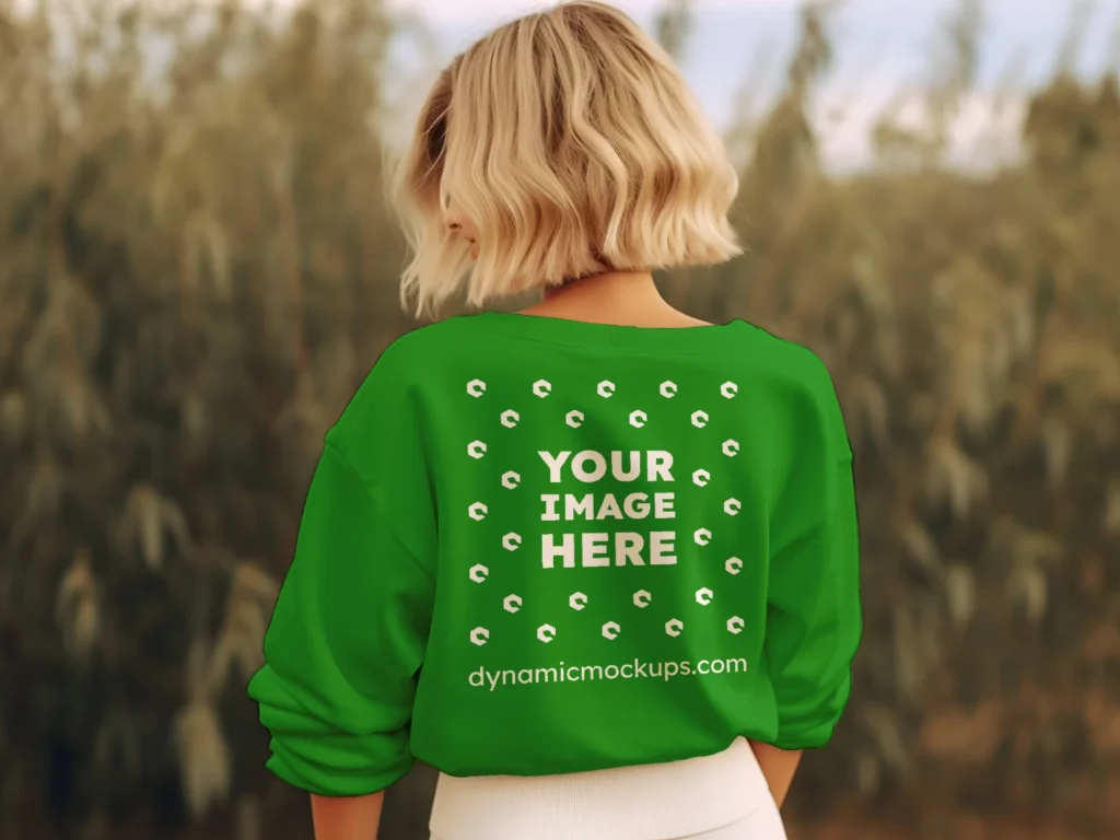 Woman Wearing Green Sweatshirt Mockup Back View Template