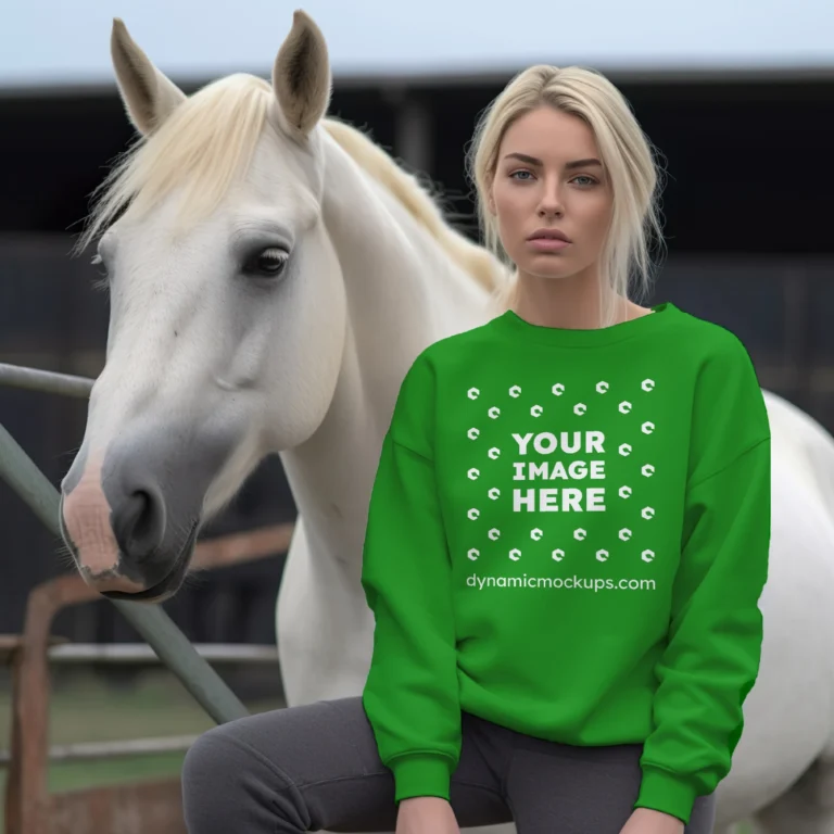 Woman Wearing Green Sweatshirt Mockup Front View Template