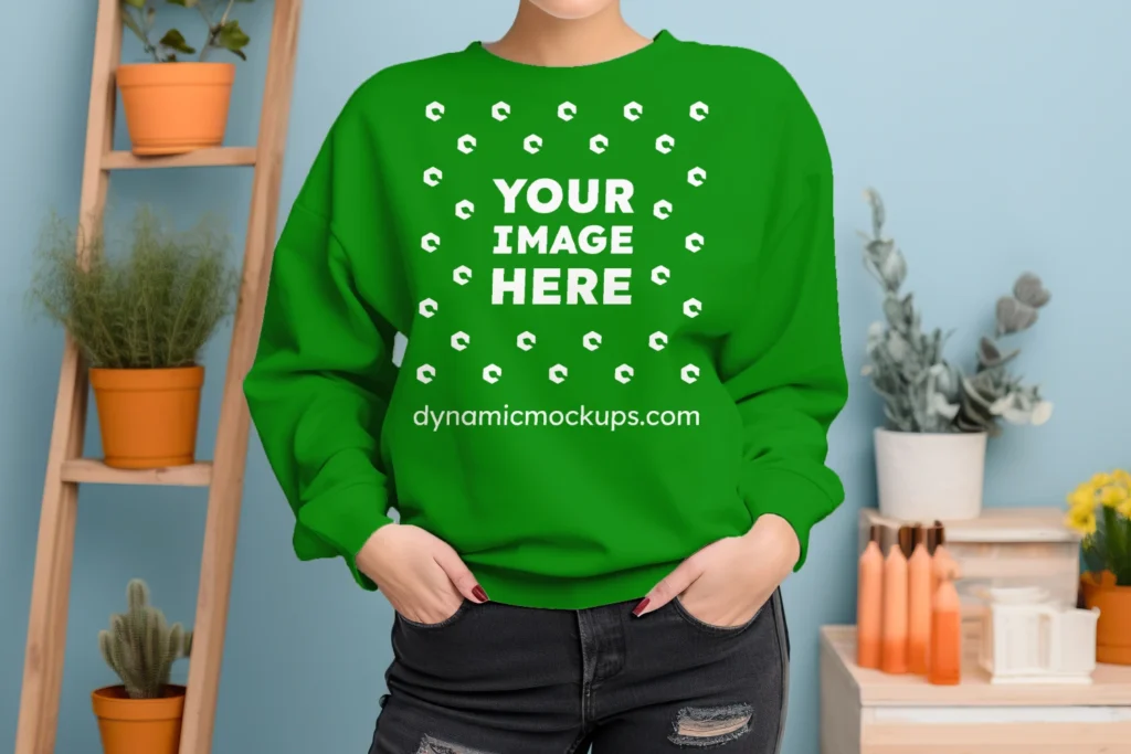 Woman Wearing Green Sweatshirt Mockup Front View Template