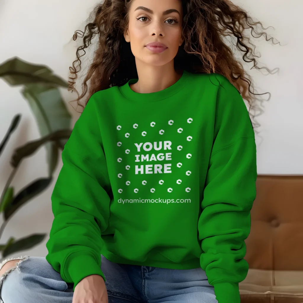 Woman Wearing Green Sweatshirt Mockup Front View Template