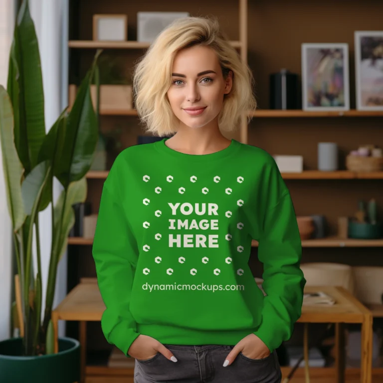 Woman Wearing Green Sweatshirt Mockup Front View Template