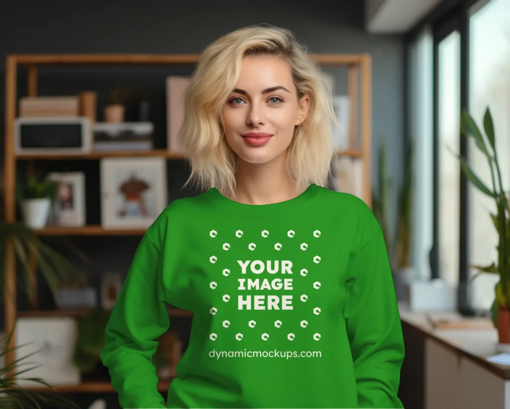 Woman Wearing Green Sweatshirt Mockup Front View Template