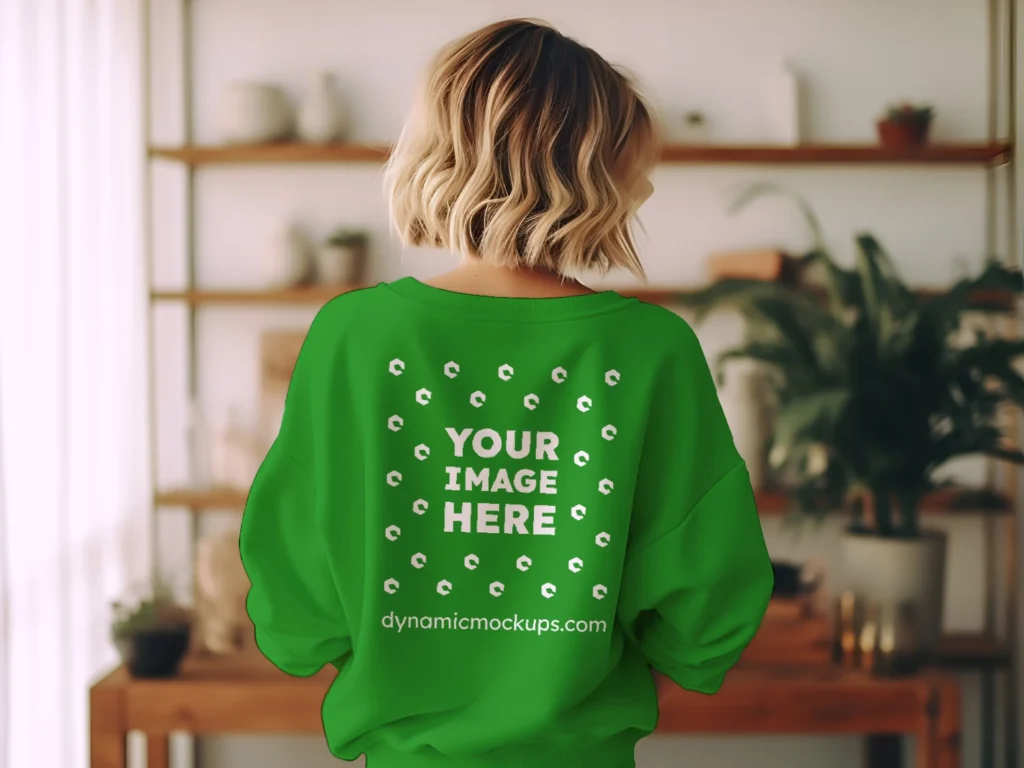 Woman Wearing Green Sweatshirt Mockup Back View Template