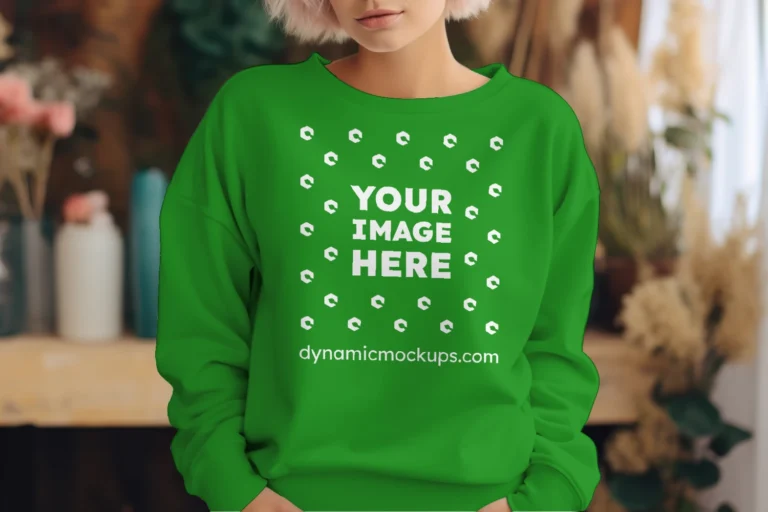 Woman Wearing Green Sweatshirt Mockup Front View Template