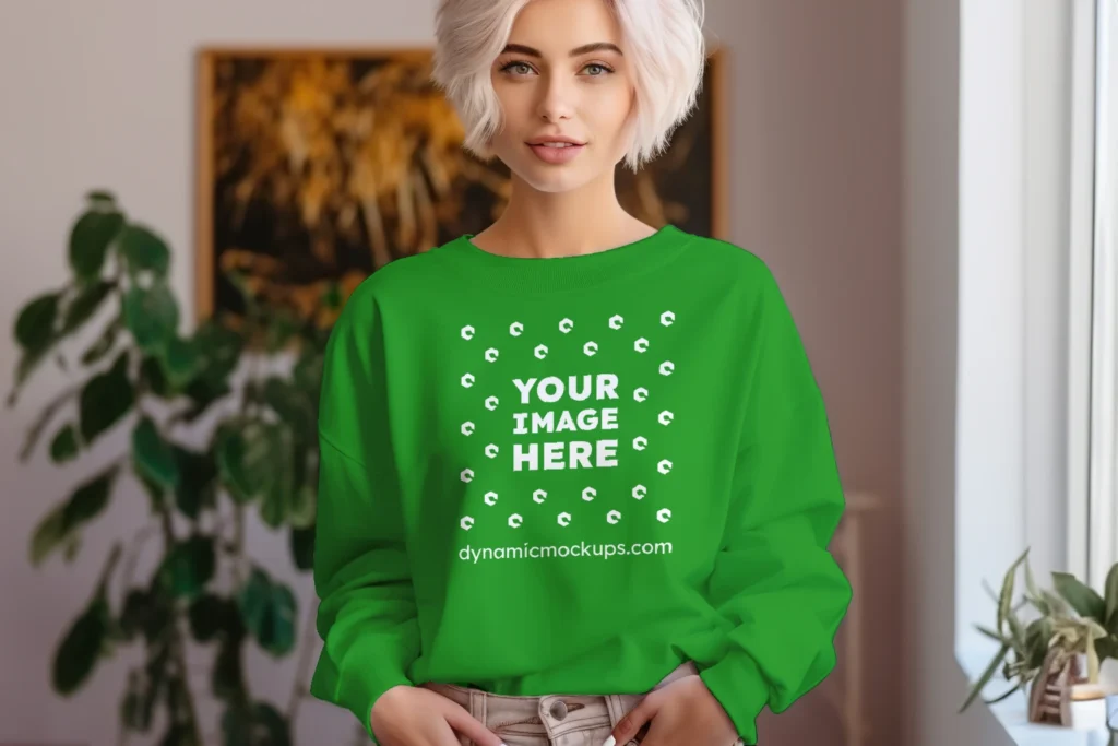 Woman Wearing Green Sweatshirt Mockup Front View Template