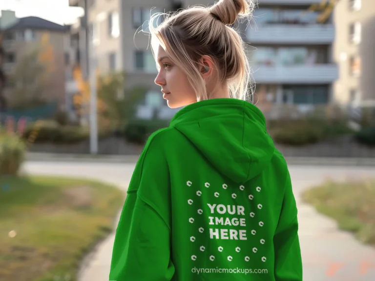 Woman Wearing Green Hoodie Mockup Back View Template