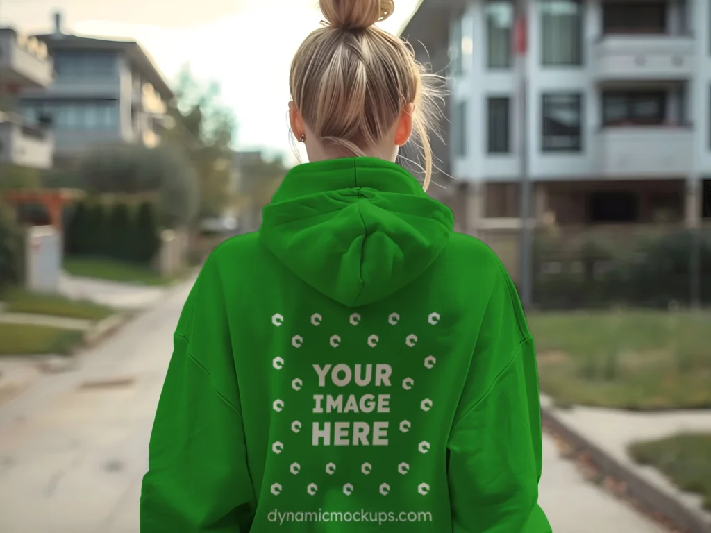 Woman Wearing Green Hoodie Mockup Back View Template