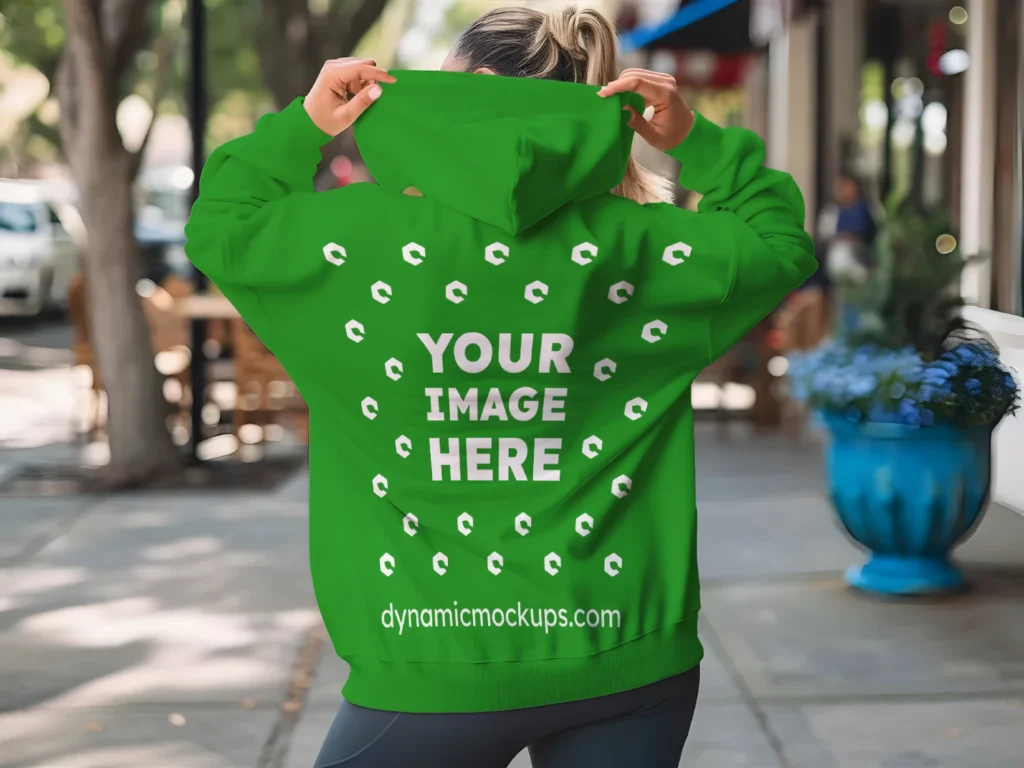 Woman Wearing Green Hoodie Mockup Back View Template