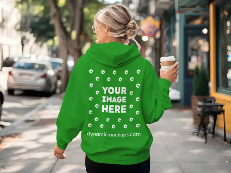 Woman Wearing Green Hoodie Mockup Back View Template