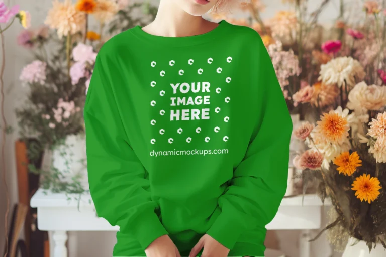 Woman Wearing Green Sweatshirt Mockup Front View Template