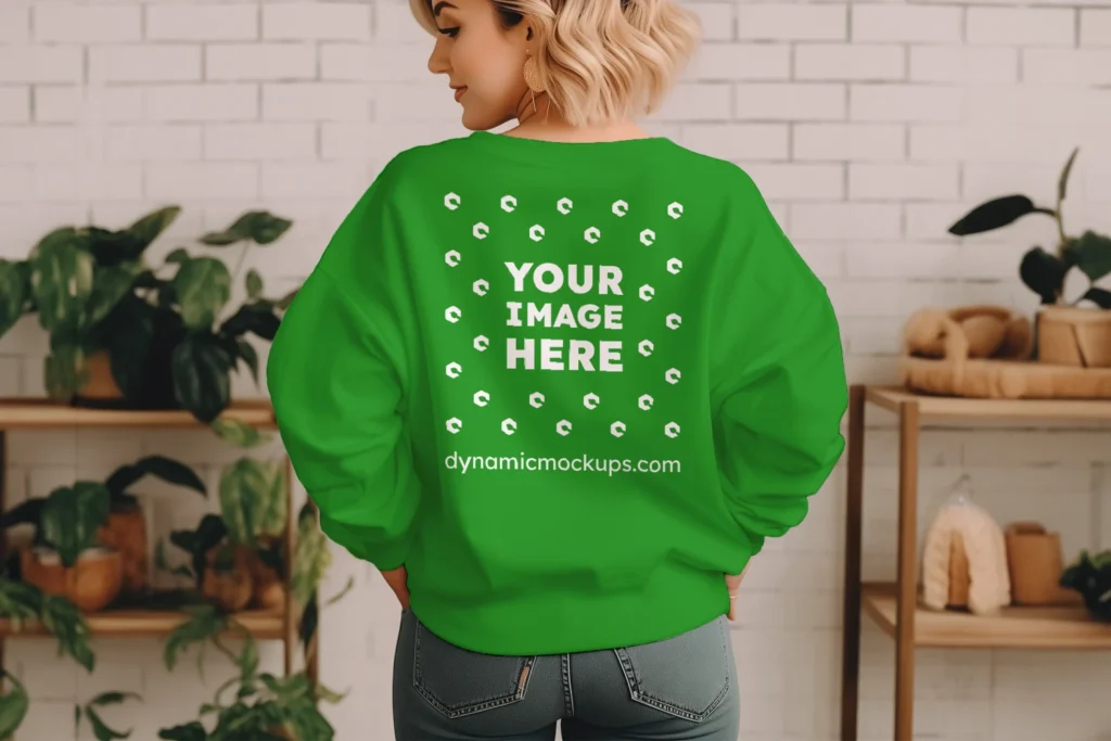 Woman Wearing Green Sweatshirt Mockup Back View Template