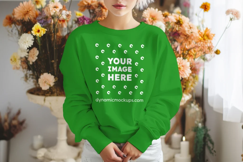 Woman Wearing Green Sweatshirt Mockup Front View Template