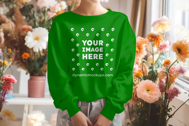 Woman Wearing Green Sweatshirt Mockup Front View Template