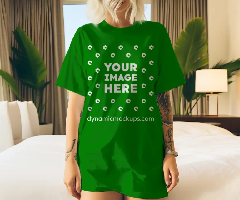 Woman Wearing Green T-shirt Mockup Front View Template