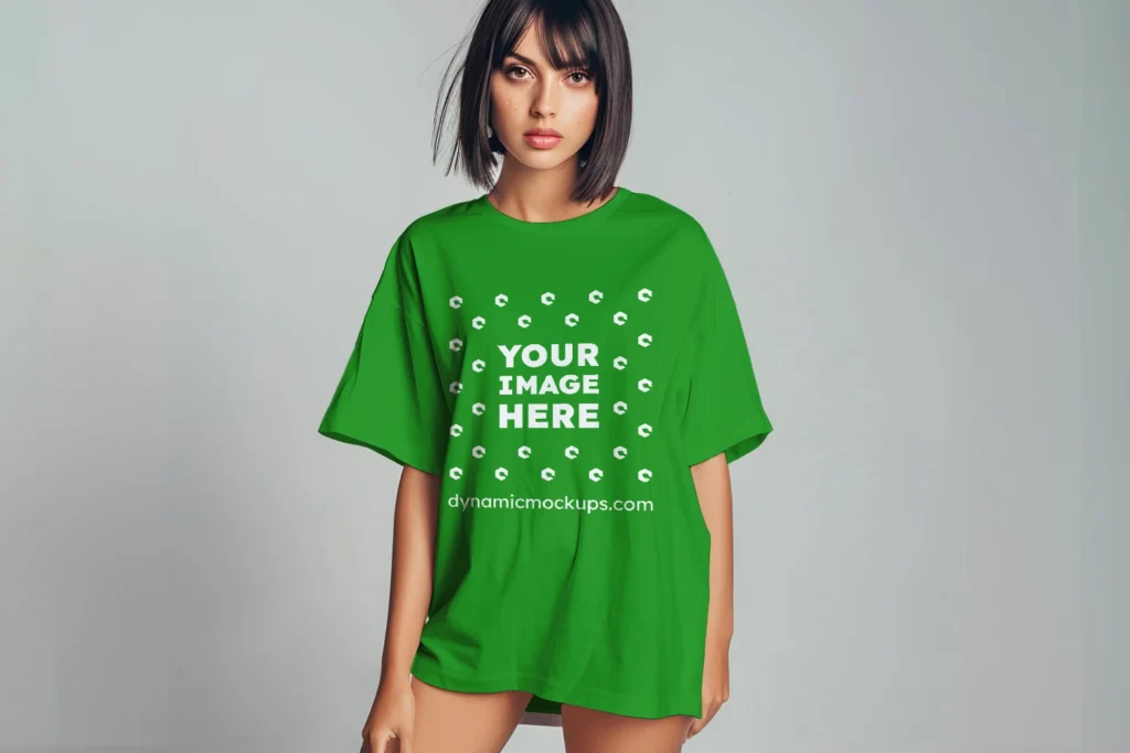 Woman Wearing Green T-shirt Mockup Front View Template