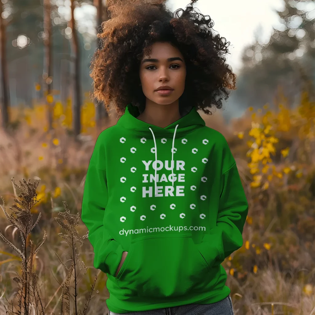 Woman Wearing Green Hoodie Mockup Front View Template