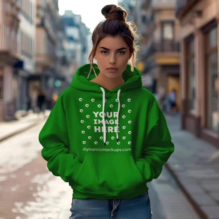 Woman Wearing Green Hoodie Mockup Front View Template