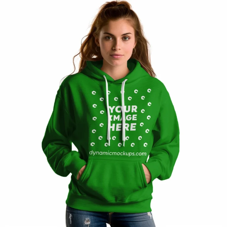 Woman Wearing Green Hoodie Mockup Front View Template