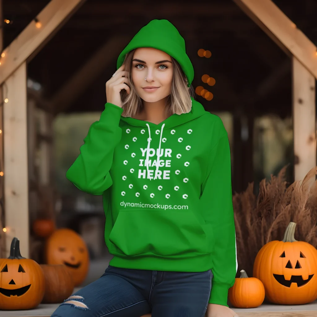 Woman Wearing Green Hoodie Mockup Front View Template