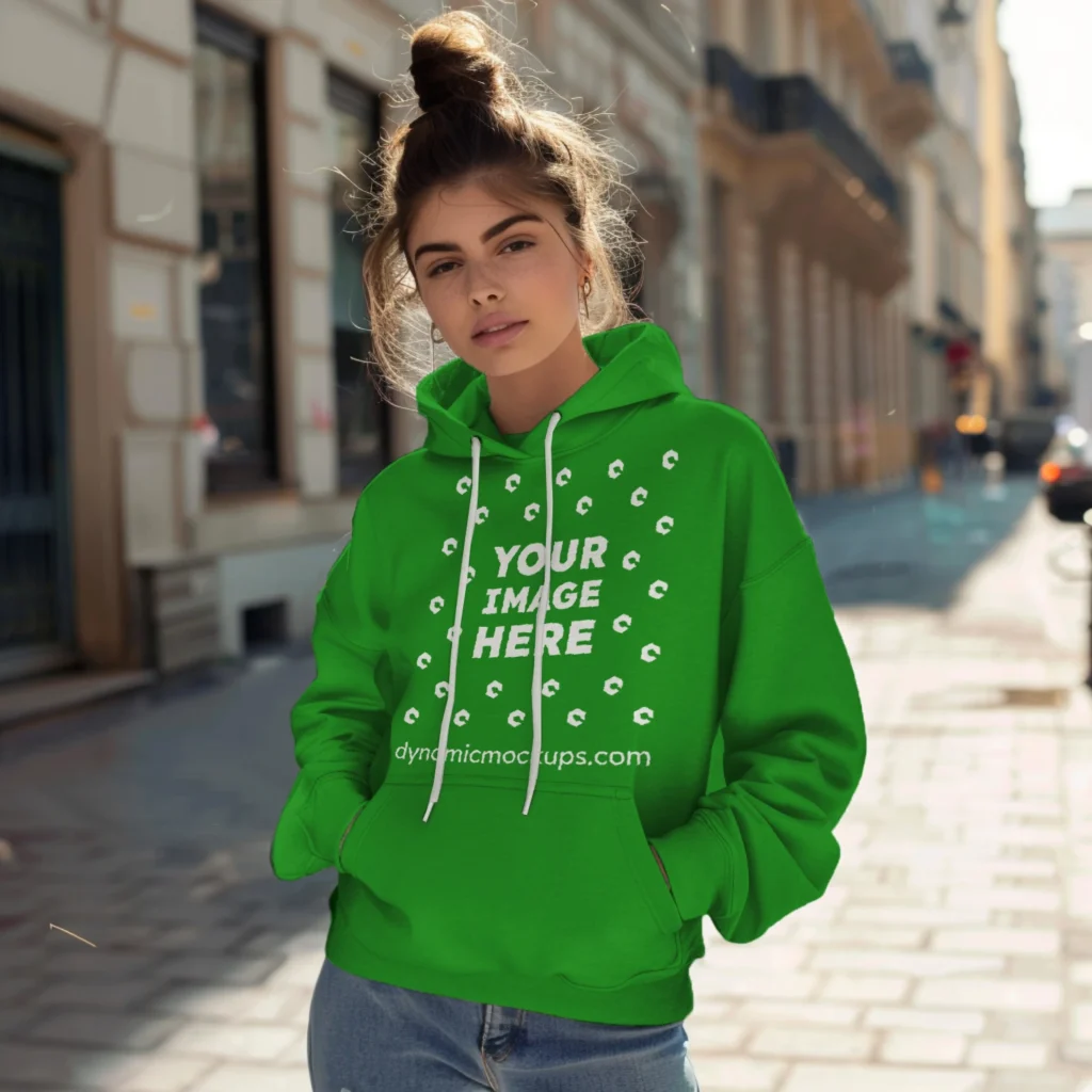 Woman Wearing Green Hoodie Mockup Front View Template