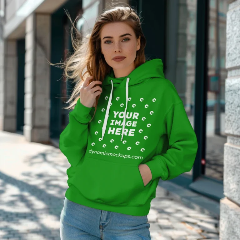 Woman Wearing Green Hoodie Mockup Front View Template