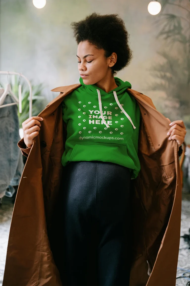 Woman Wearing Green Hoodie Mockup Front View Template